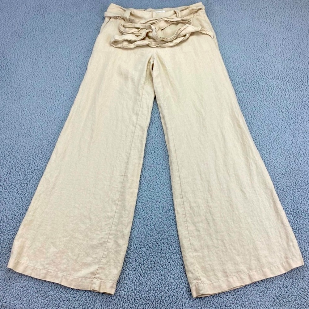 London Jean Tan Linen Lightweight Wide-Leg Pants. Tab front, optional belt.